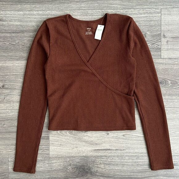 AERIE Waffle Knit Long Sleeve Top Small Dark Brown Faux Wrap Neutral Boho Spring - Picture 1 of 8